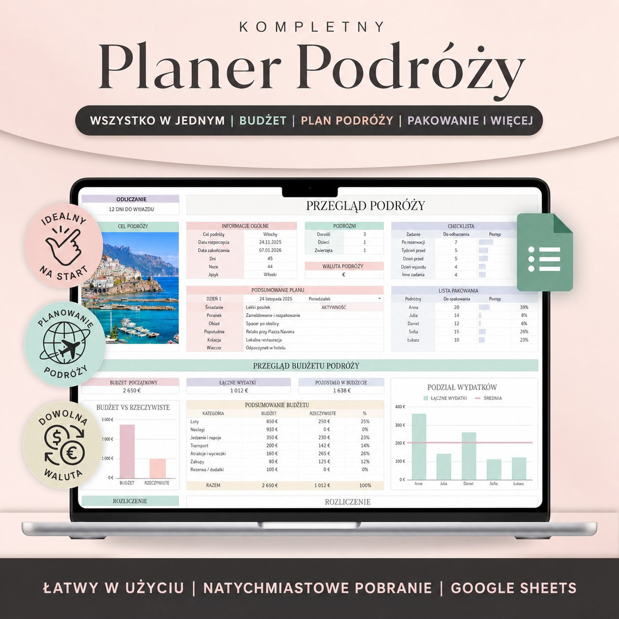 Planer podróży Excel + Google Sheets