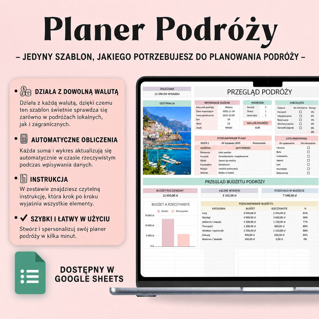 Planer podróży Excel + Google Sheets