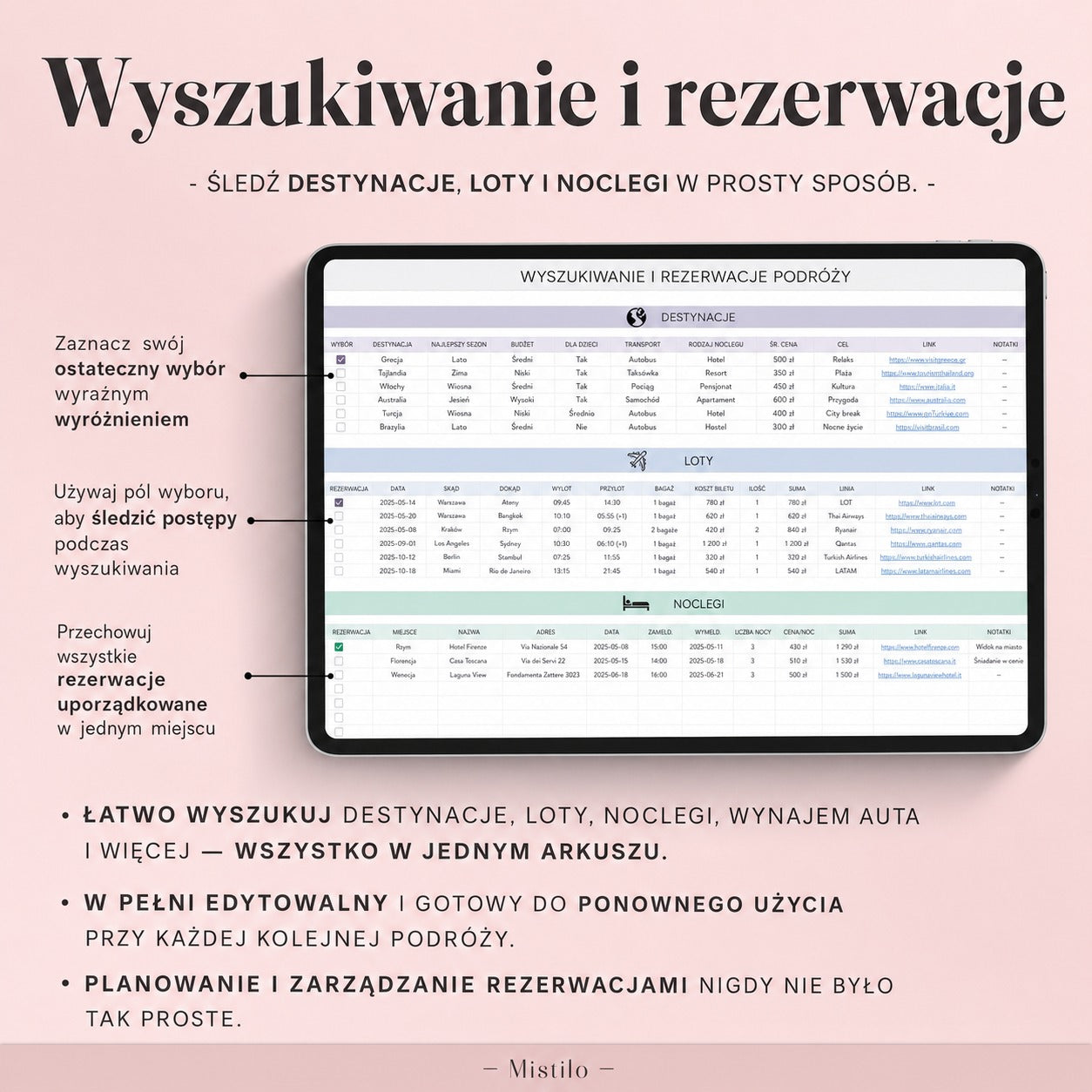 Planer podróży Excel + Google Sheets