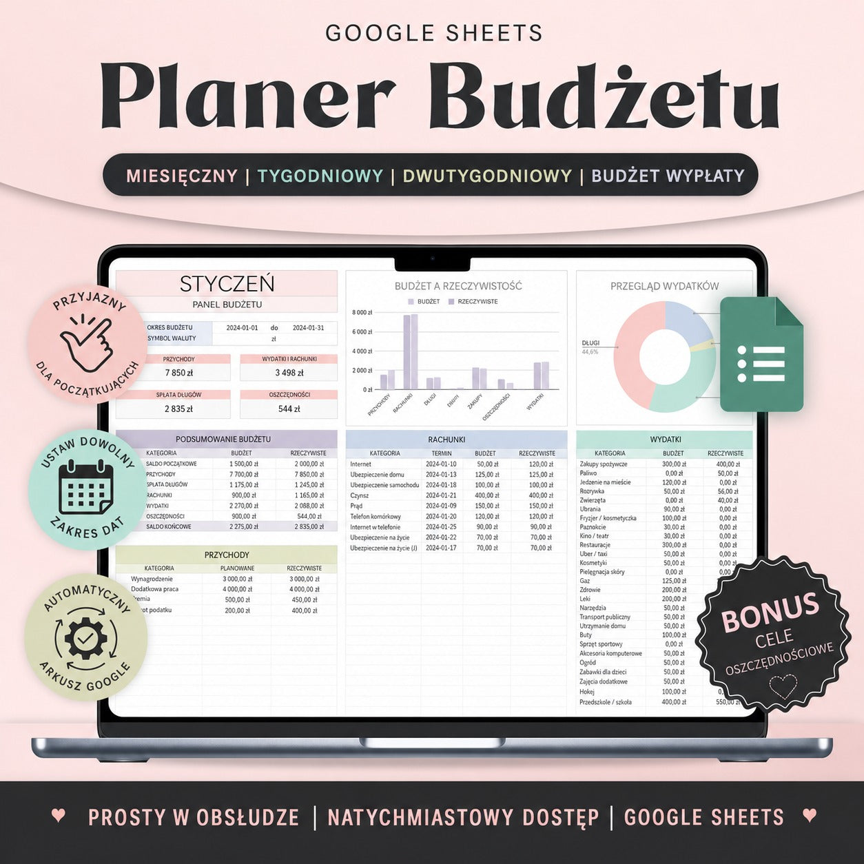 Planer finansowy Excel + Google Sheets