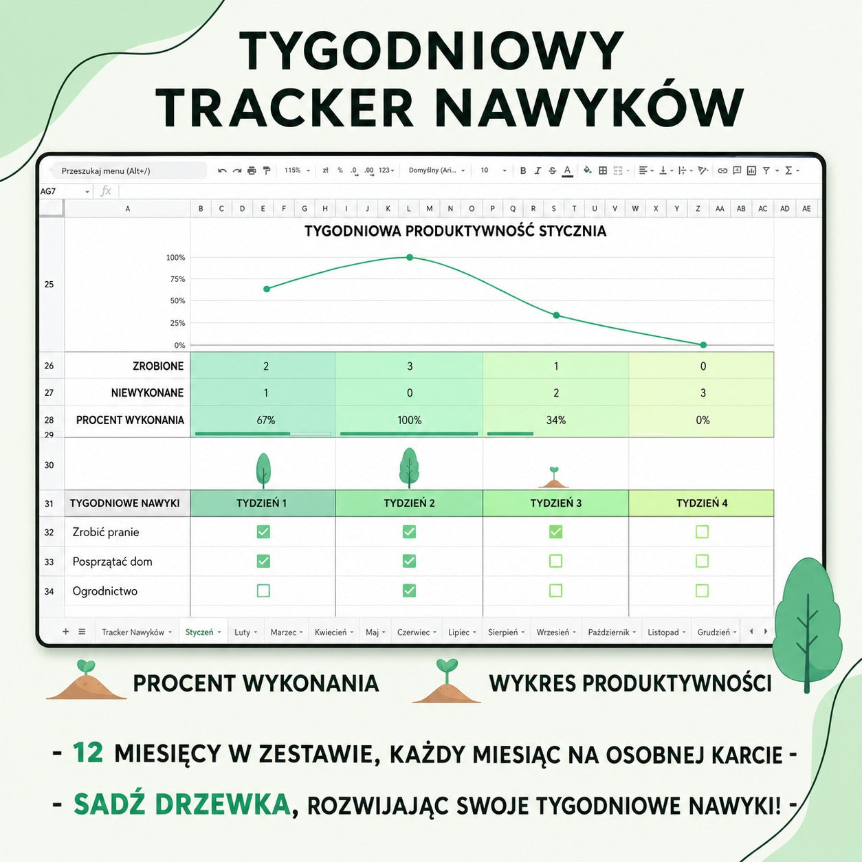 Planer Nawyków Excel + Google Sheets